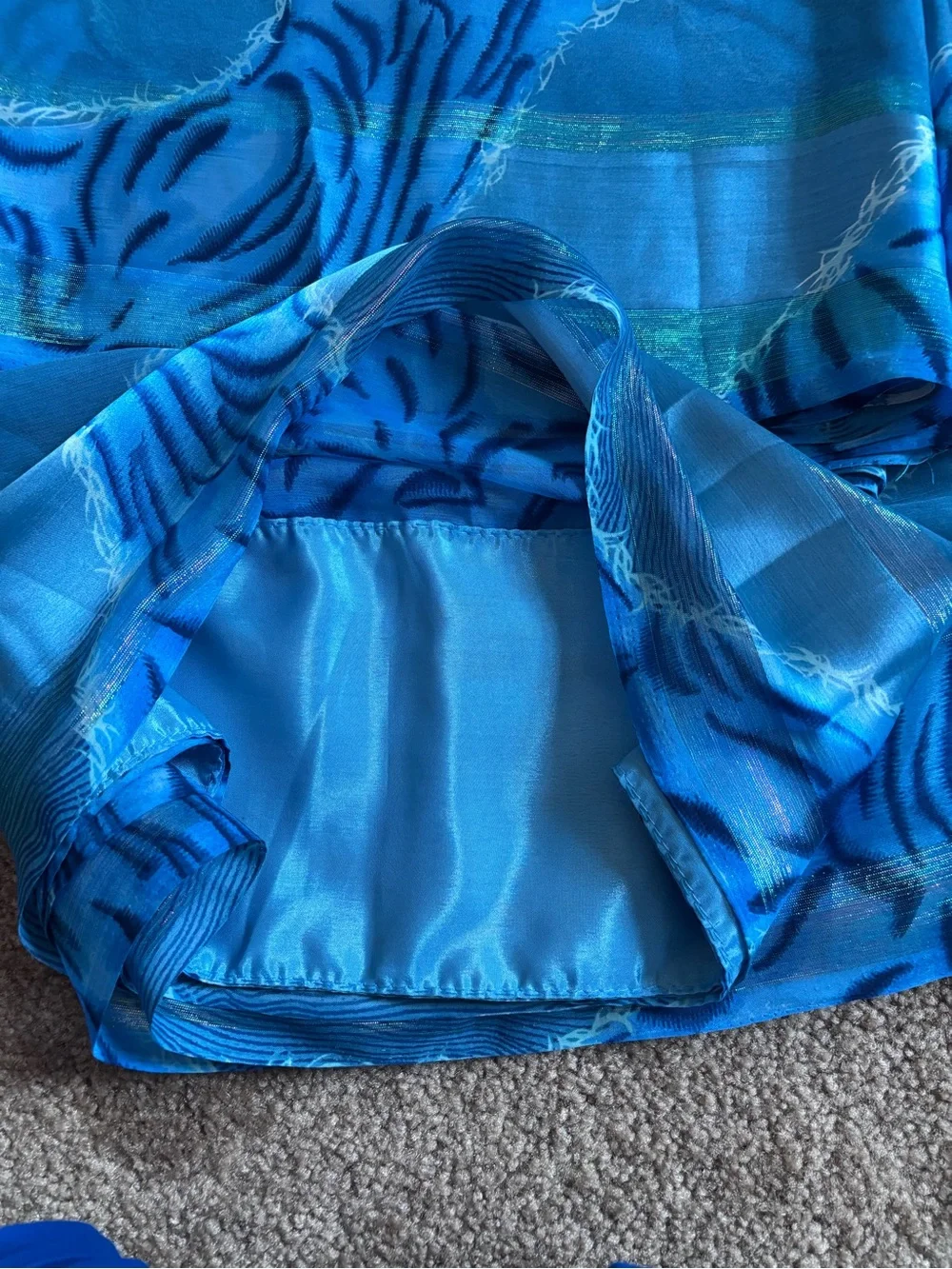 3 pieces set. Blue Patterned Saree with Matching Blouse and inner skirt.